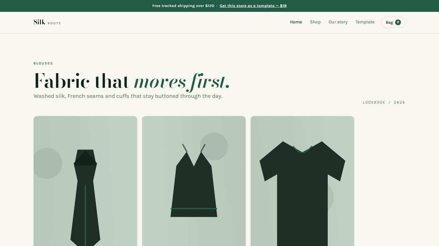 Silk Route complete blouses store HTML CSS JS template showing a website header and three product blouse cards