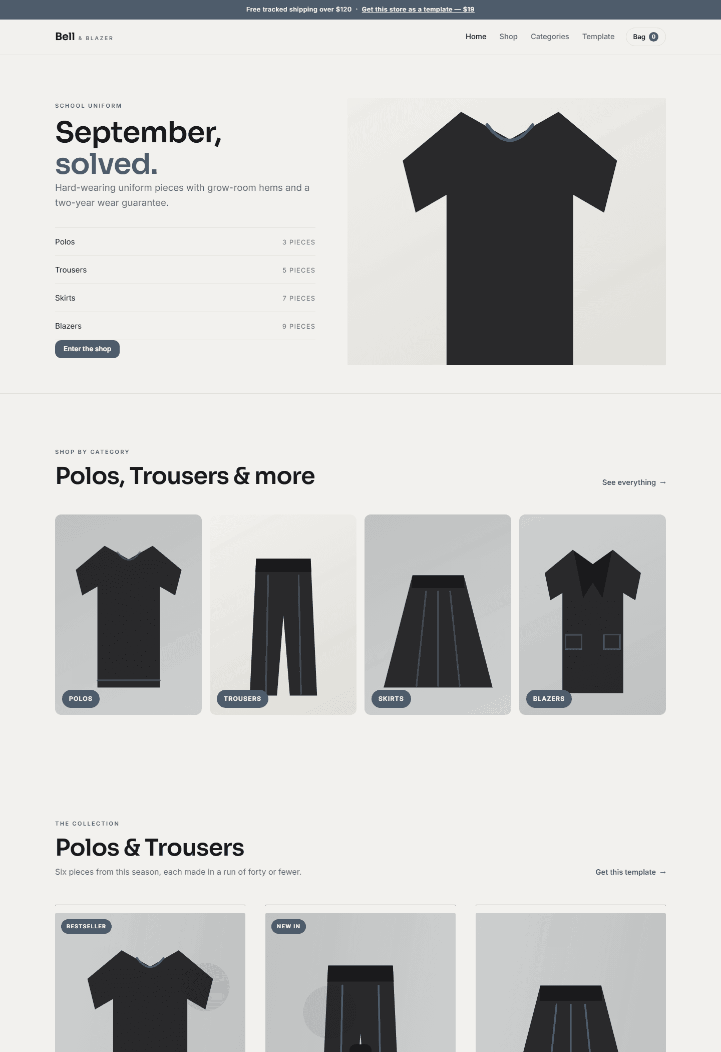 Bell & Blazer complete school uniform store HTML CSS JS template with category cards and uniform silhouettes