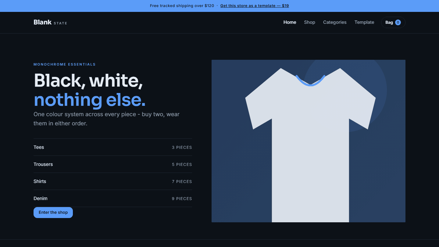Monochrome fashion store HTML/CSS/JS template landing page with header, category list, and placeholder shirt hero