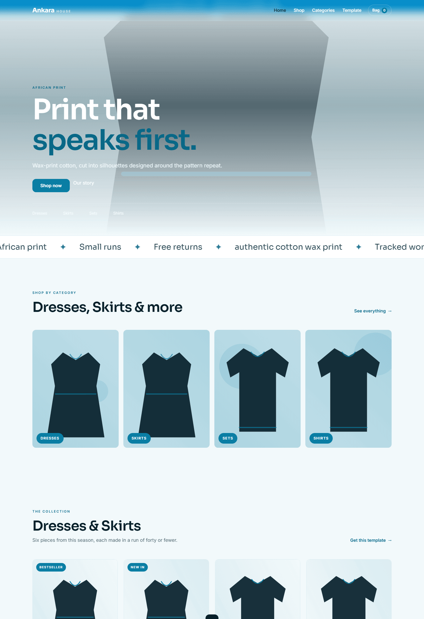 Ankara House complete African print e-commerce template preview with hero banner, navigation, and category product cards