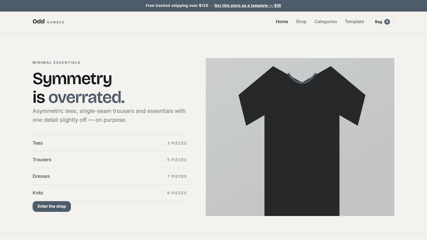 Minimal store template webpage design with navigation, product categories list, and hero graphic for Odd Number