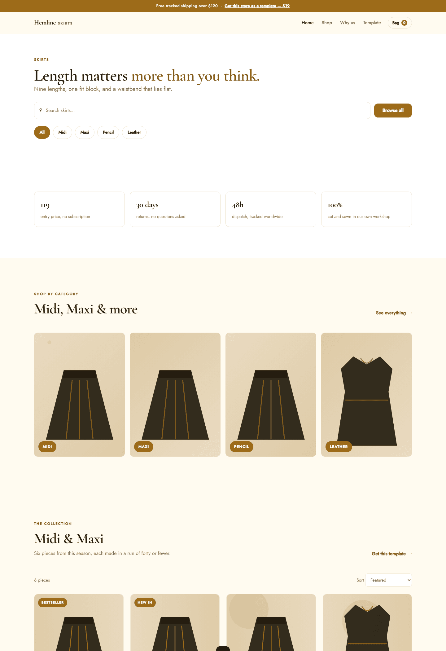 Hemline complete skirts store template webpage mockup with skirt category tiles, HTML CSS JS storefront UI