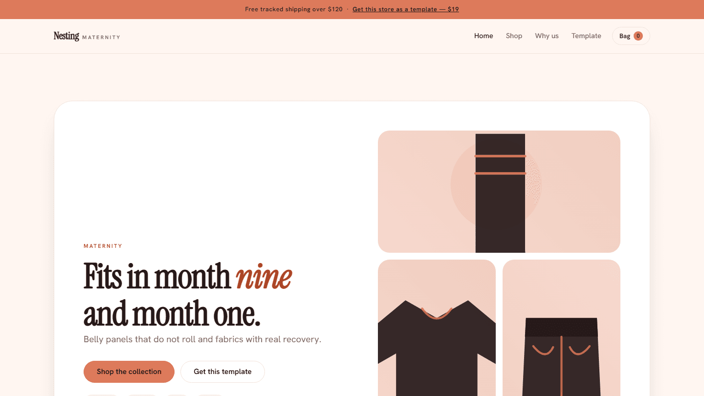 Maternity store HTML/CSS/JS website template screenshot with hero banner, navigation, and clothing panels layout
