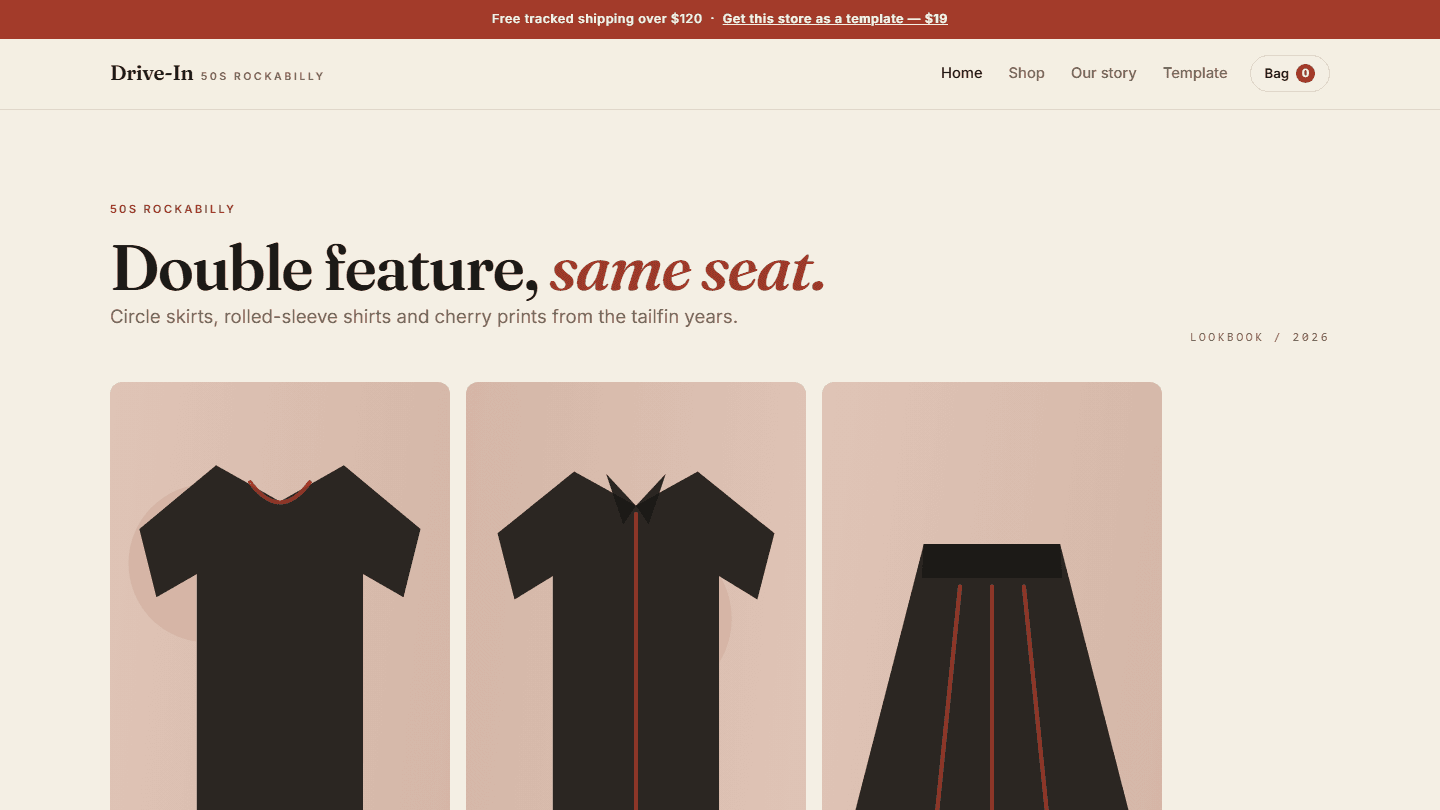 Drive-In rockabilly store HTML CSS JS template webpage with vintage 50s style hero banner and product tiles