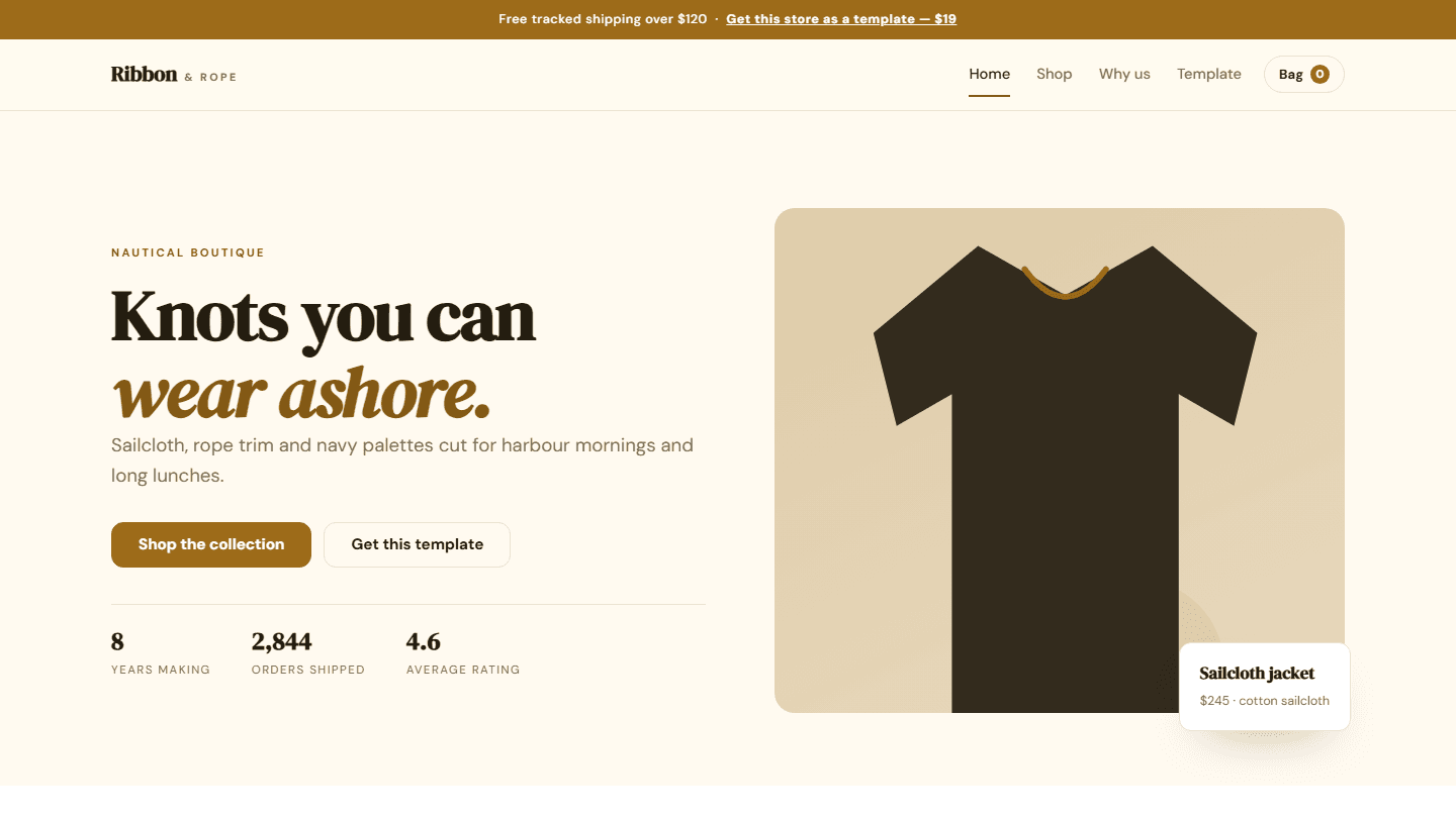 Nautical boutique e-commerce HTML template screenshot with hero text and product card for Sailcloth jacket