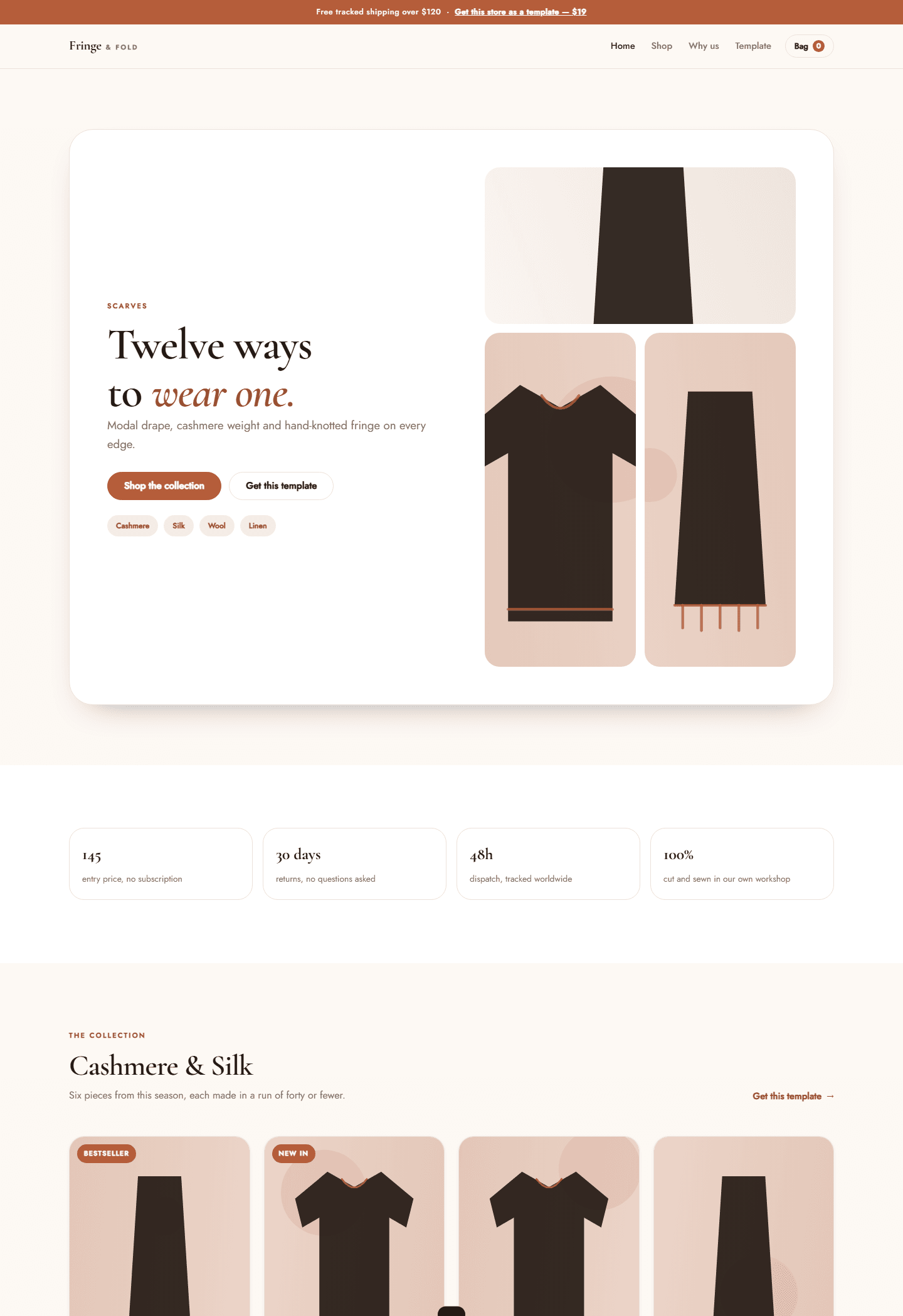 Fringe & Fold e-commerce store template preview with serif hero text and scarf product cards in HTML CSS JS