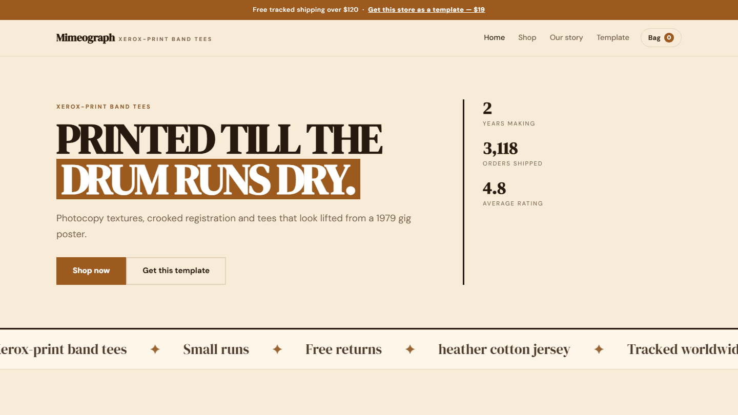 A monochrome fashion store website template with printed slogan hero section and buttons