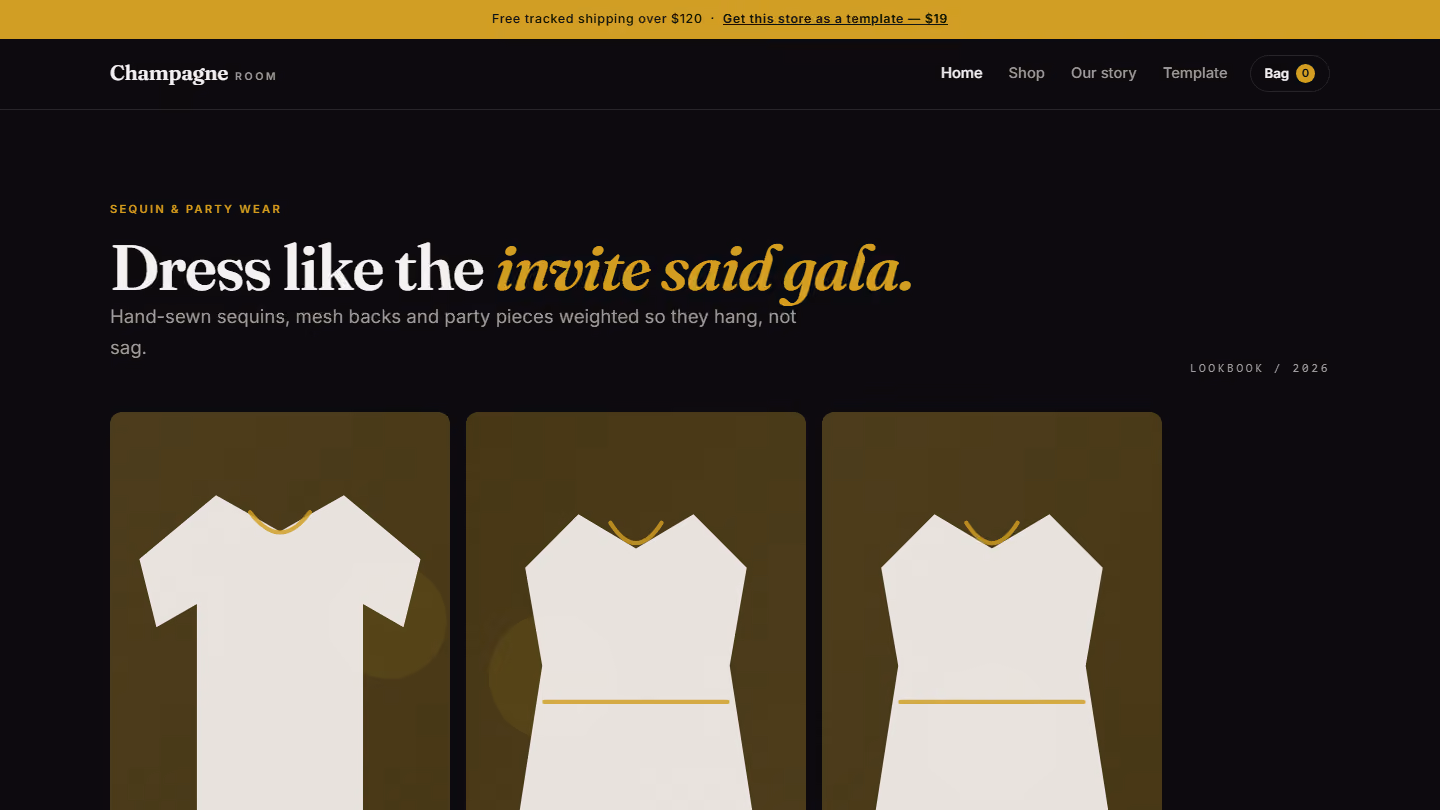 Champagne Room fashion store template web design showing dark hero banner and three sequin outfit cards