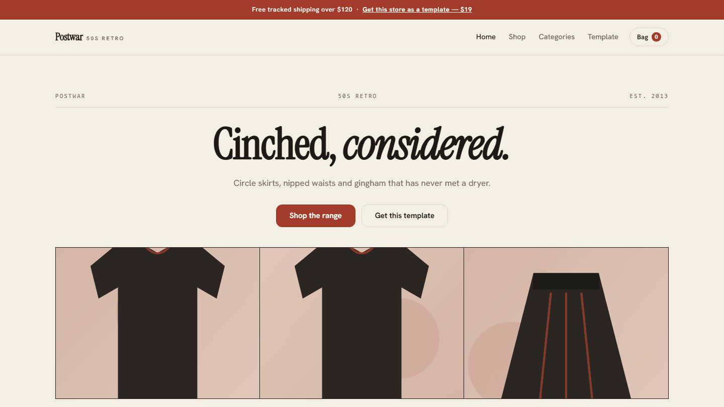 Retro 1950s store website template screenshot with navigation bar, headline, buttons, and product banner layout