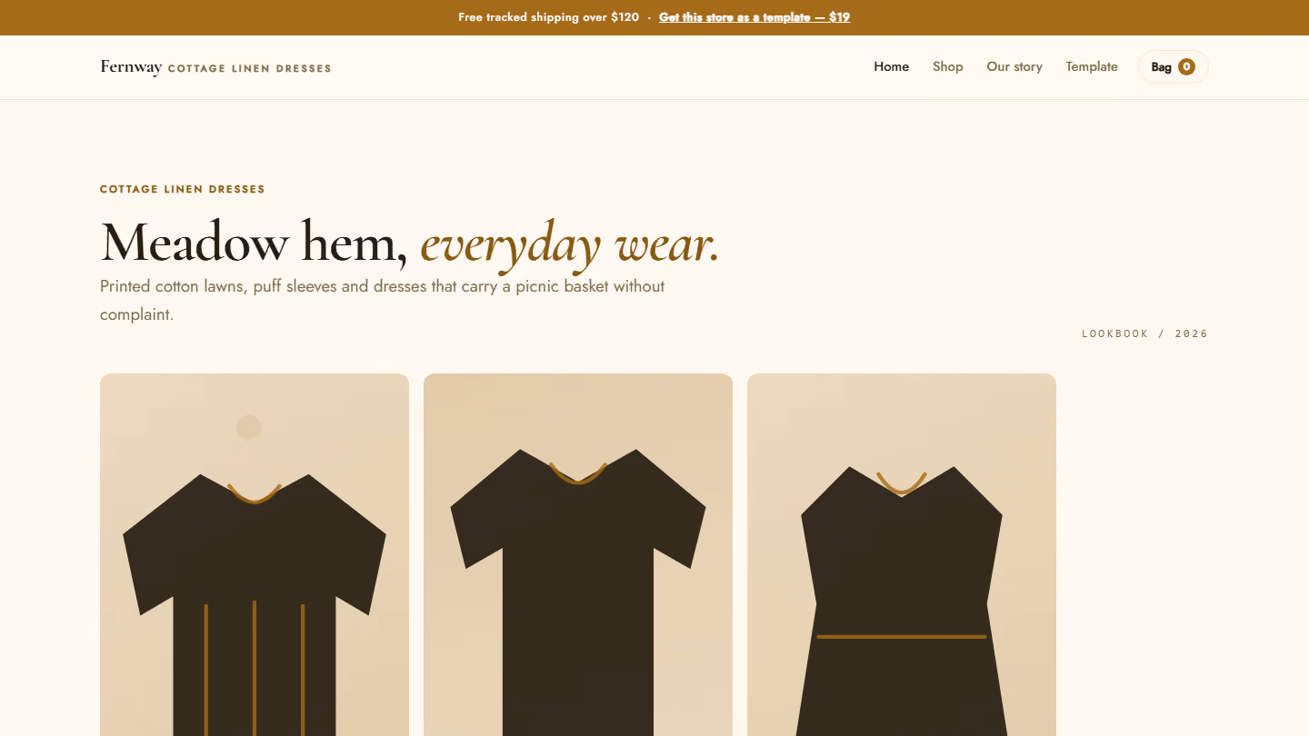 Fernway cottage linen dresses store template HTML CSS JS with homepage header and product grid layout