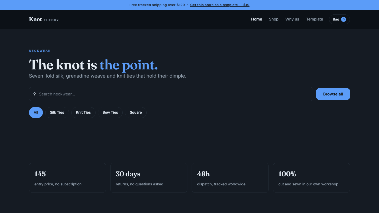 Dark HTML/CSS/JS neckwear store template web page with navigation, search bar, category filters, and stats cards