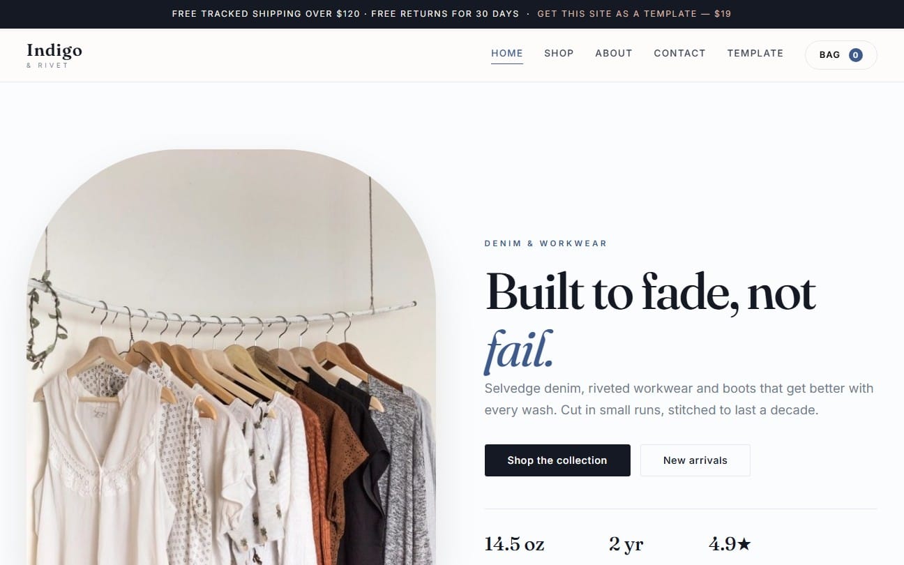 Indigo & Rivet denim and workwear store website template screenshot with hero banner and clothing rack background