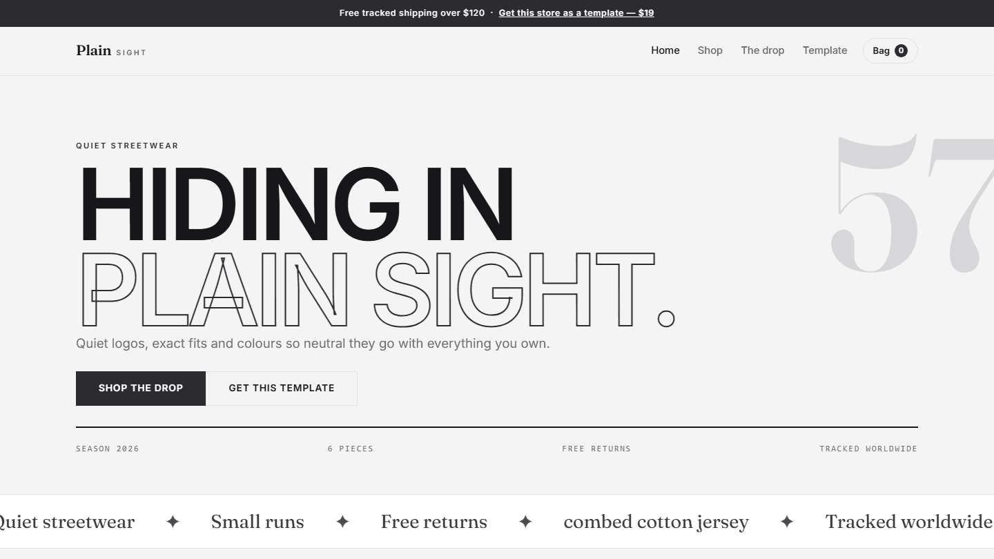 Plain Sight streetwear store template preview with header navigation, hero text and checkout bag icon