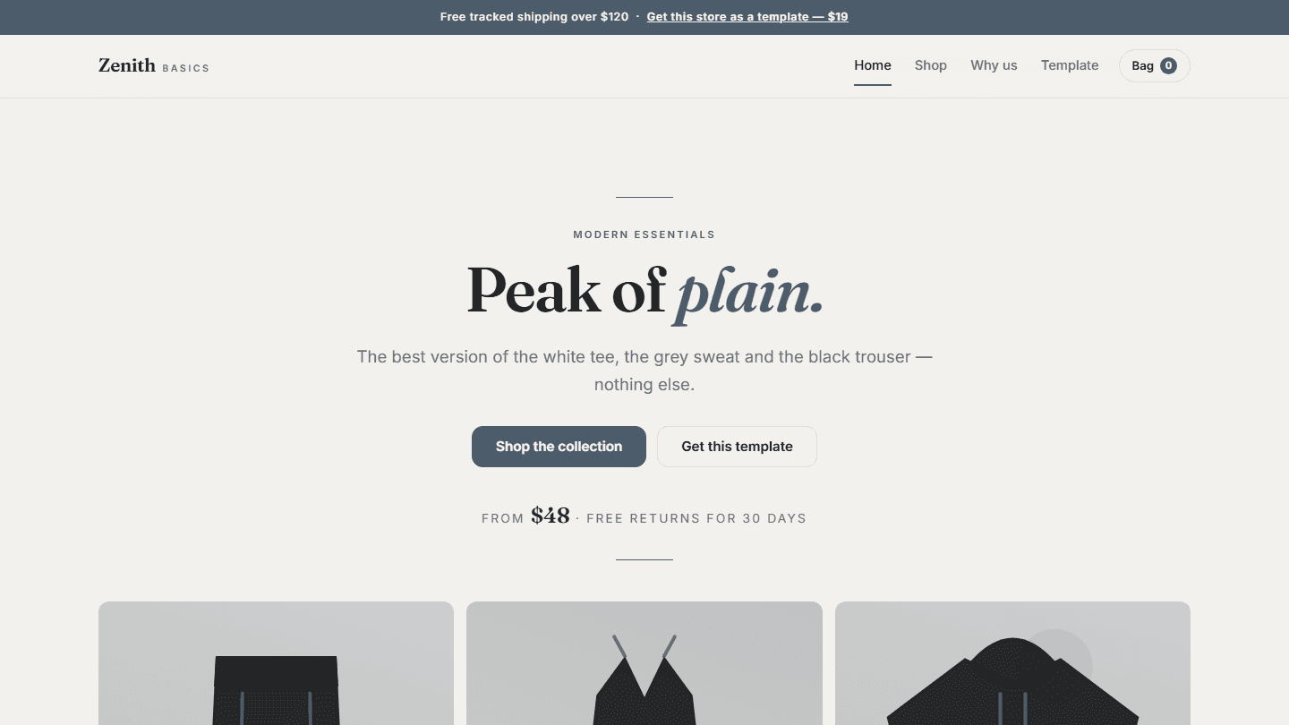 Zenith Basics store template web page with hero heading and product category cards for HTML CSS JS ecommerce template