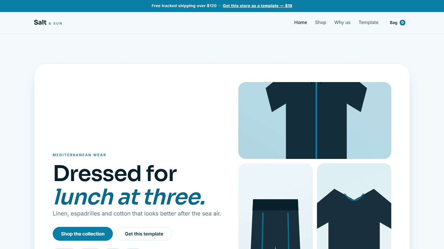 Salt & Sun clothing store landing page template with hero banner and product category tiles in HTML CSS JS