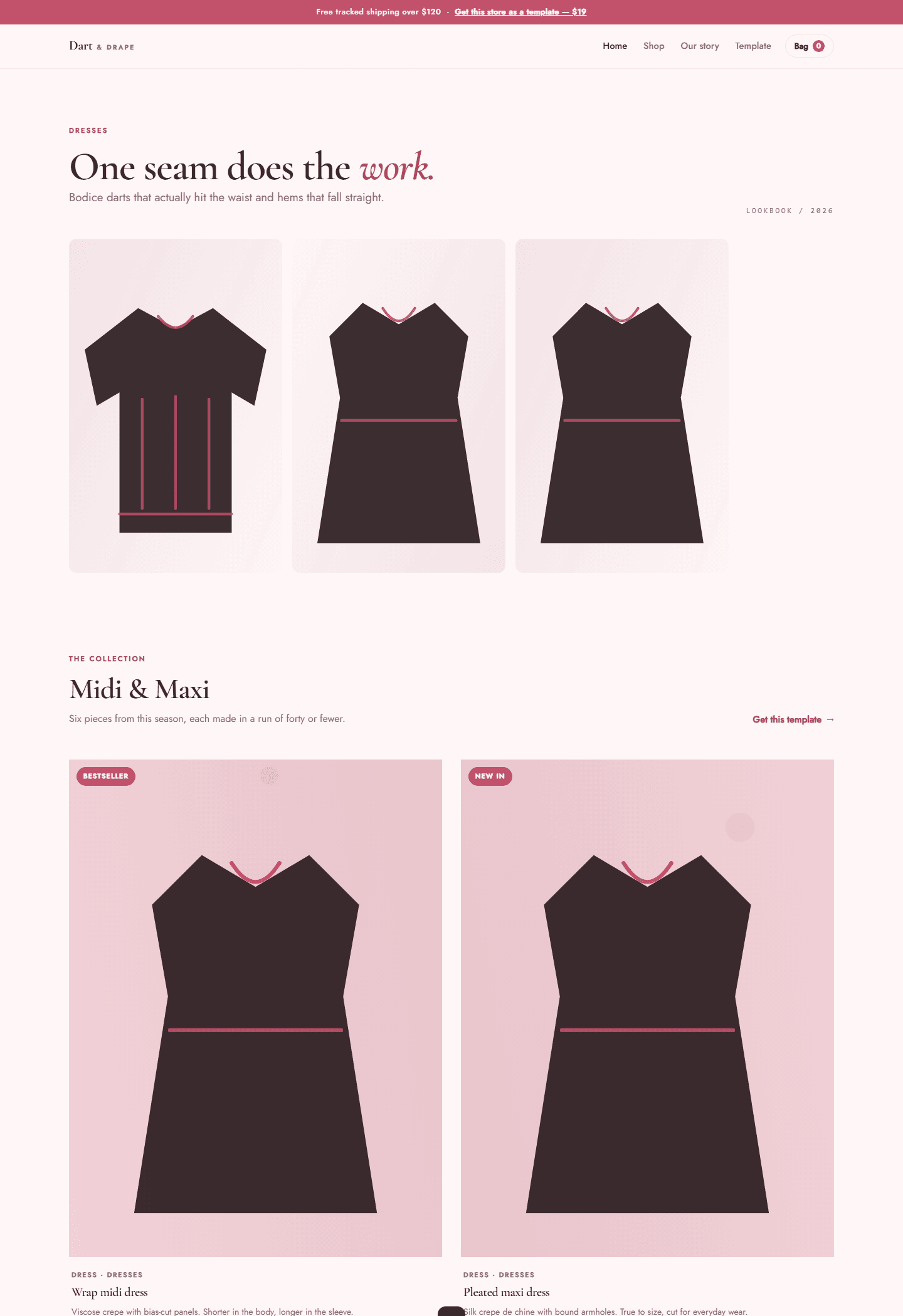 Minimal fashion store HTML template page with dress silhouettes and navigation for Dart & Drape