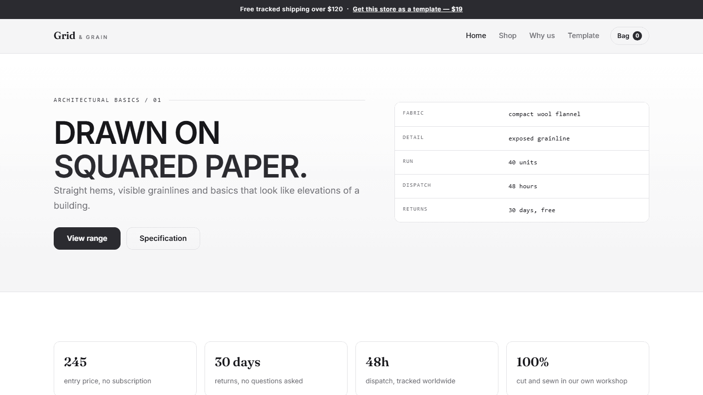 Sleek HTML/CSS/JS e-commerce store template screenshot for Grid & Grain with hero text, buttons, and product spec card