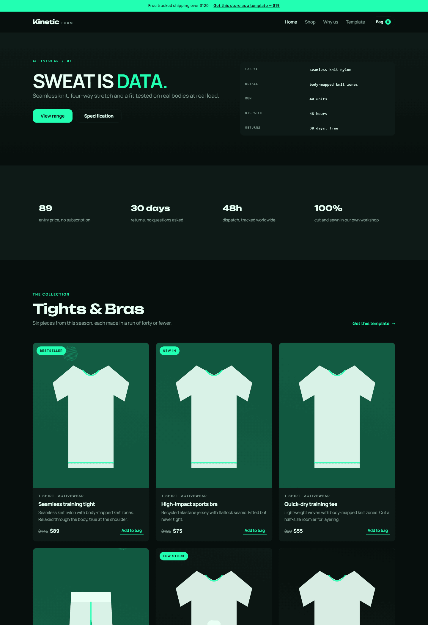 Dark-themed activewear ecommerce template preview with product cards and specs for HTML CSS JS store
