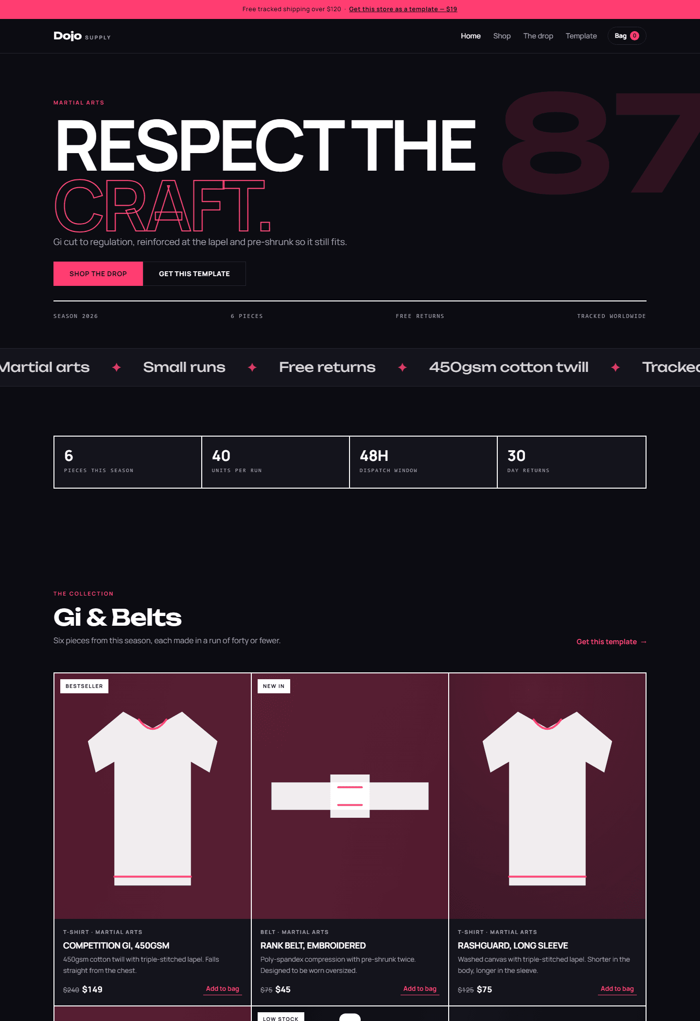 Dojo Supply martial arts e-commerce store template webpage with hero banner, product cards, and navigation bars