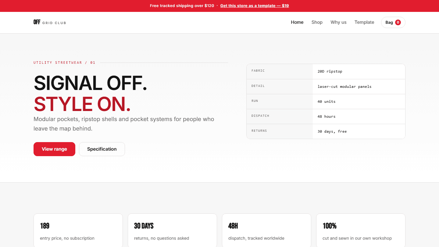 Off Grid Club utility streetwear complete store HTML CSS JS template with hero section and specs table