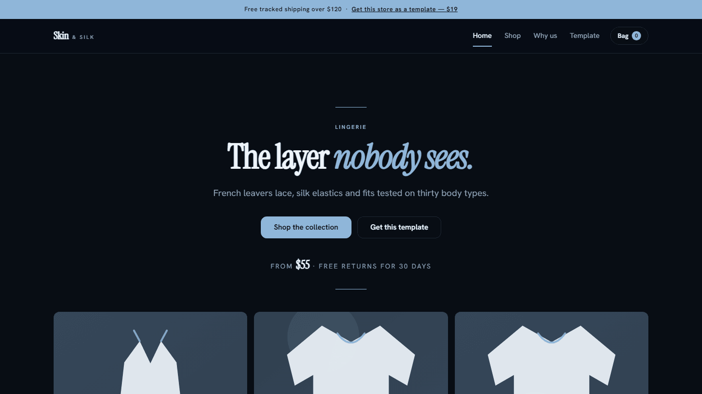 Dark modern lingerie store homepage hero section with navigation and call-to-action buttons from a HTML CSS JS template