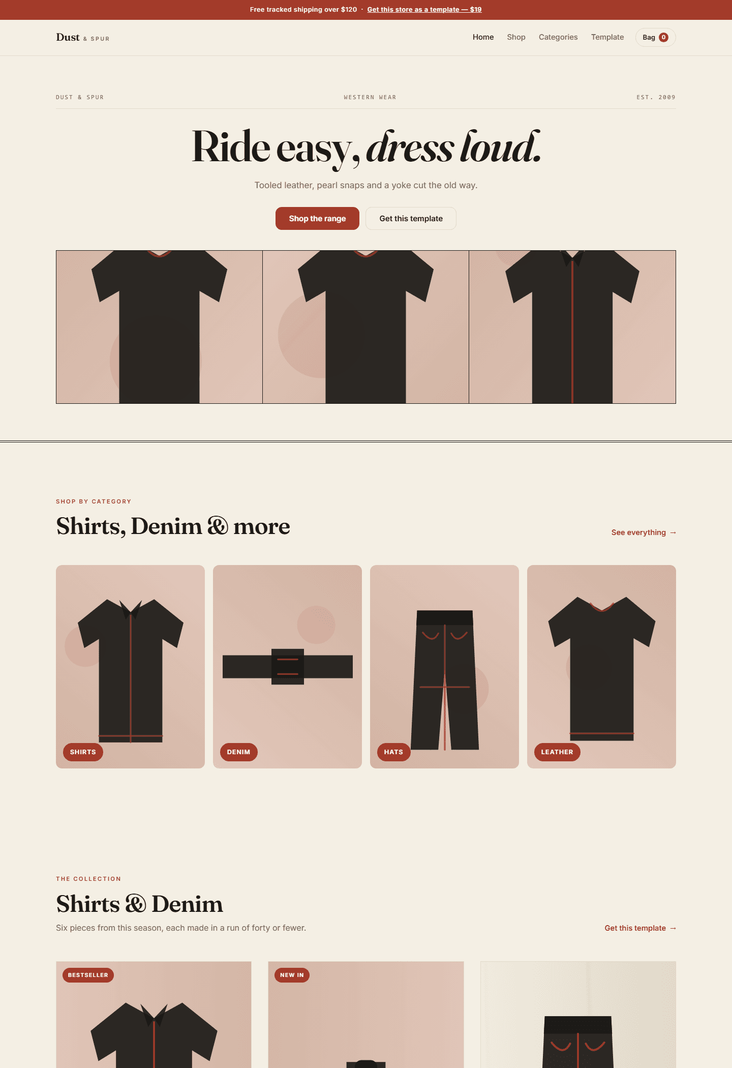Dust & Spur western wear store homepage template preview with product categories and clothing cards in HTML CSS JS