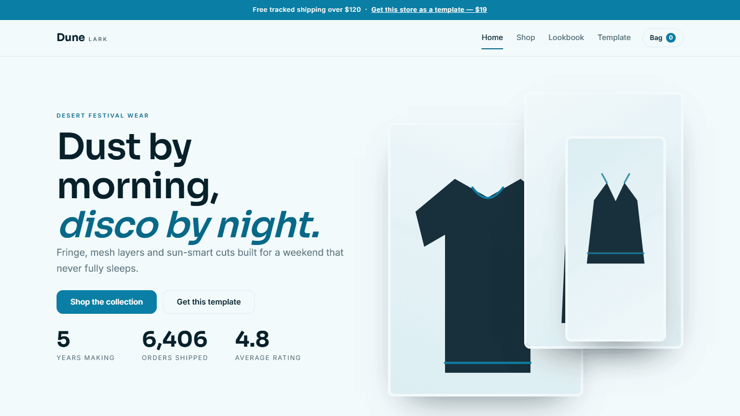 An online store template webpage with desert festival wear hero section, buttons, and product card previews