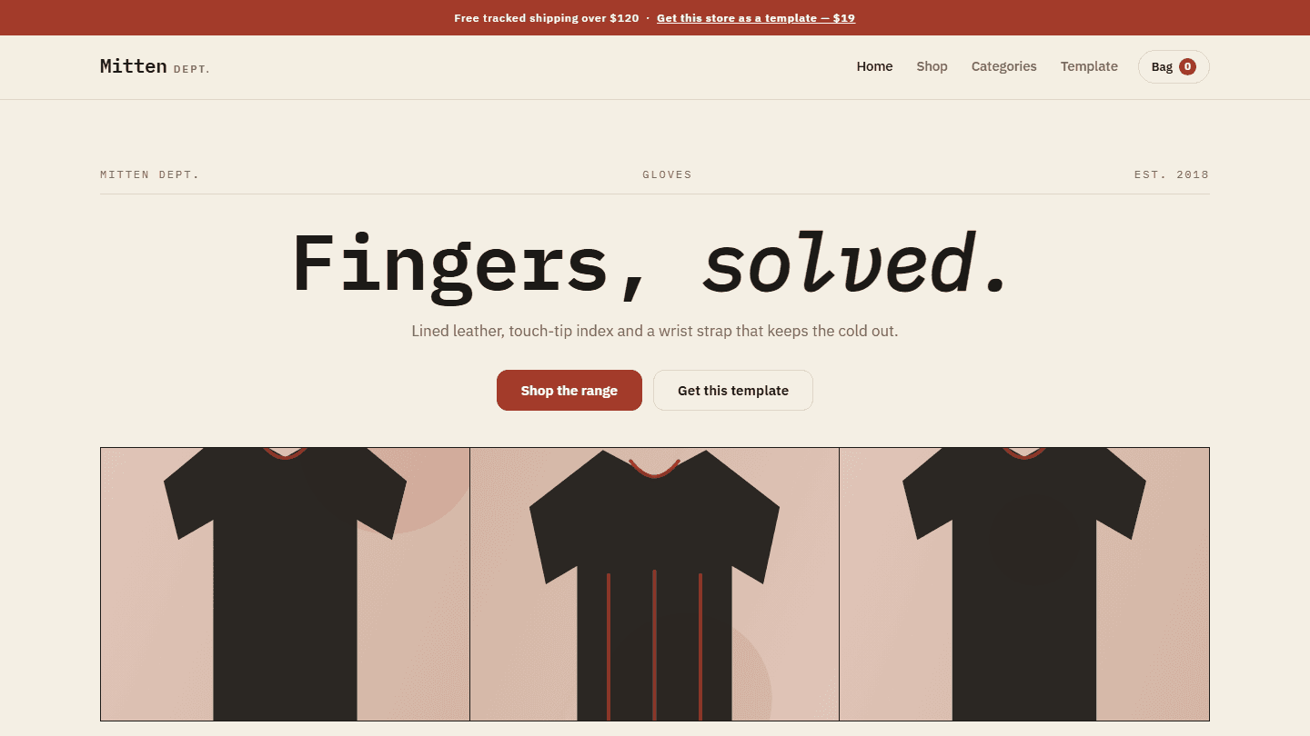 Mitten Dept. complete gloves store template screenshot with navigation bar and banner hero section in HTML CSS JS layout