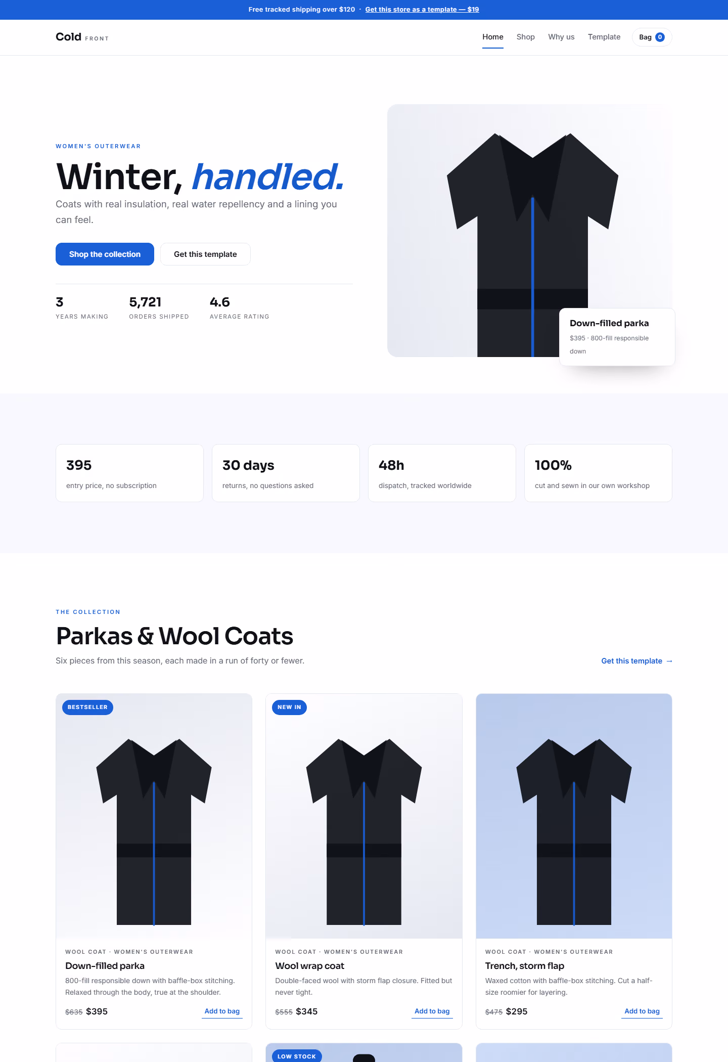 Cold Front women’s outerwear ecommerce store template webpage showing hero section, product cards, and navigation bar