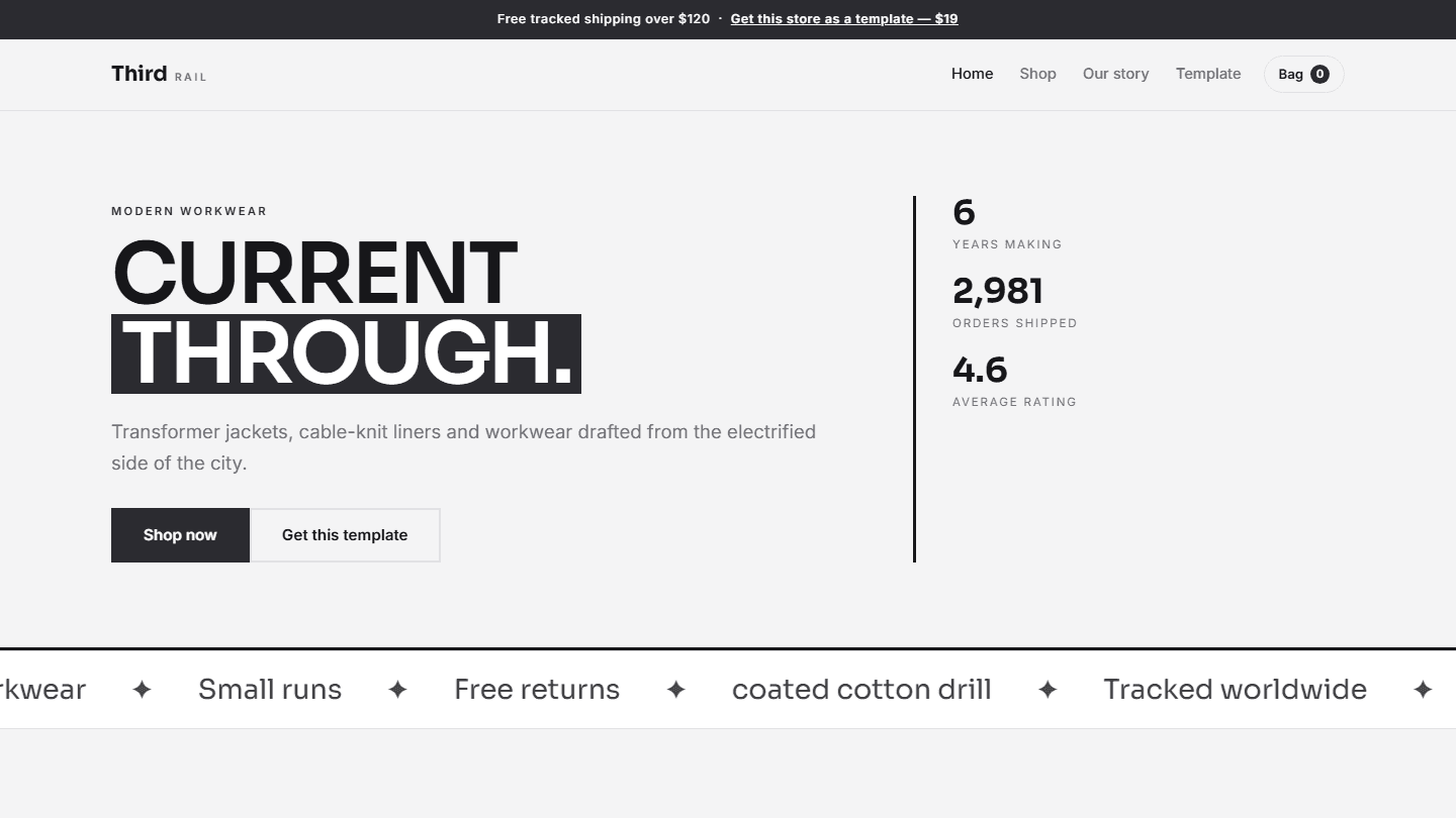 Third Rail modern workwear store HTML CSS JS template page with hero headline and stats section
