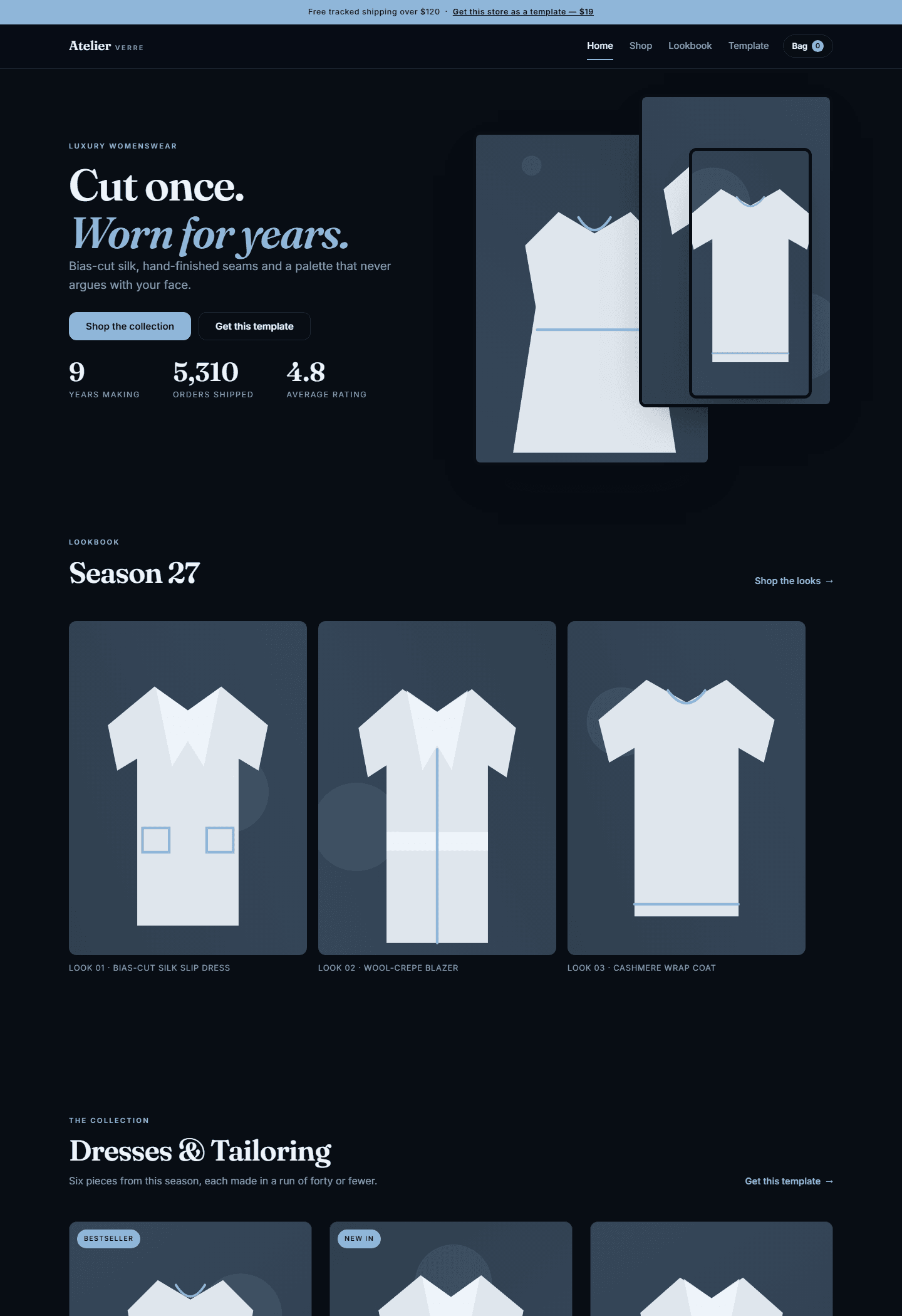 Dark luxury womenswear store website template mockup with product lookbook cards and garment silhouettes