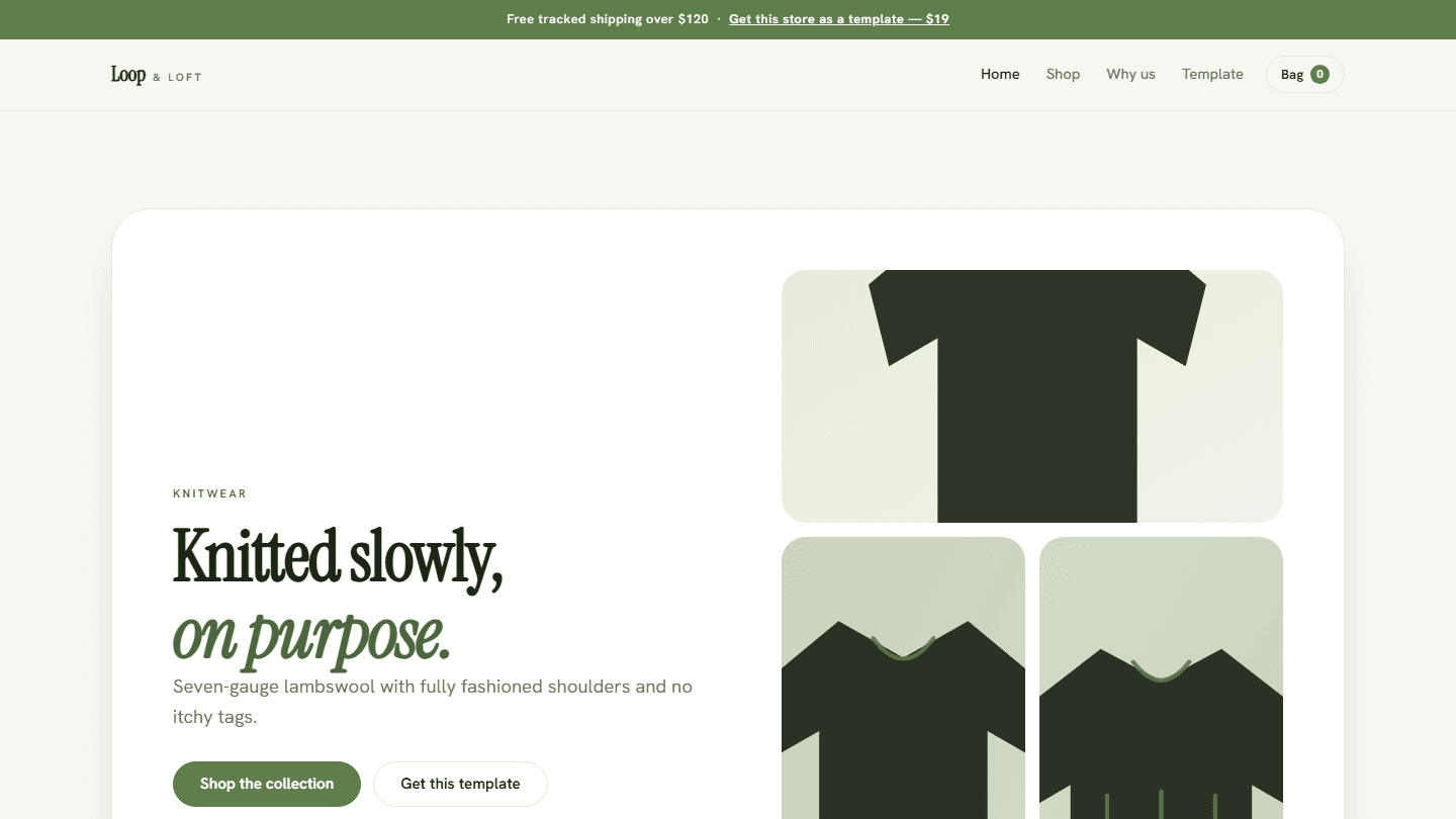 Loop & Loft knitwear store website template preview with hero banner and product cards in HTML CSS JS