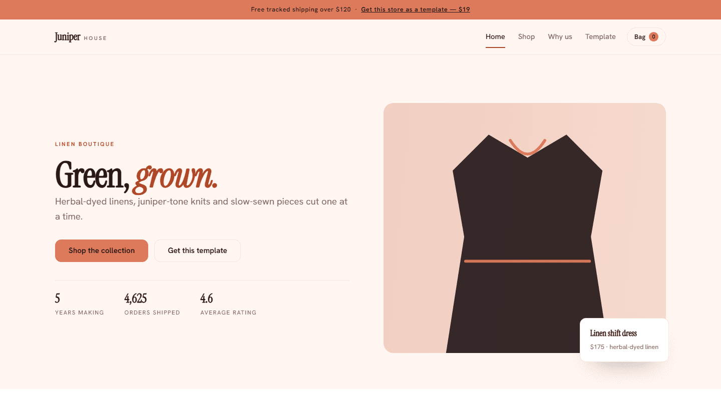 Juniper House linen boutique store template webpage hero section with navigation, stats, and dress product card