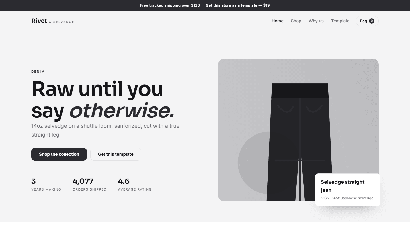 Denim store landing page mockup for Rivet & Selvedge complete HTML CSS JS template with featured jeans graphic and