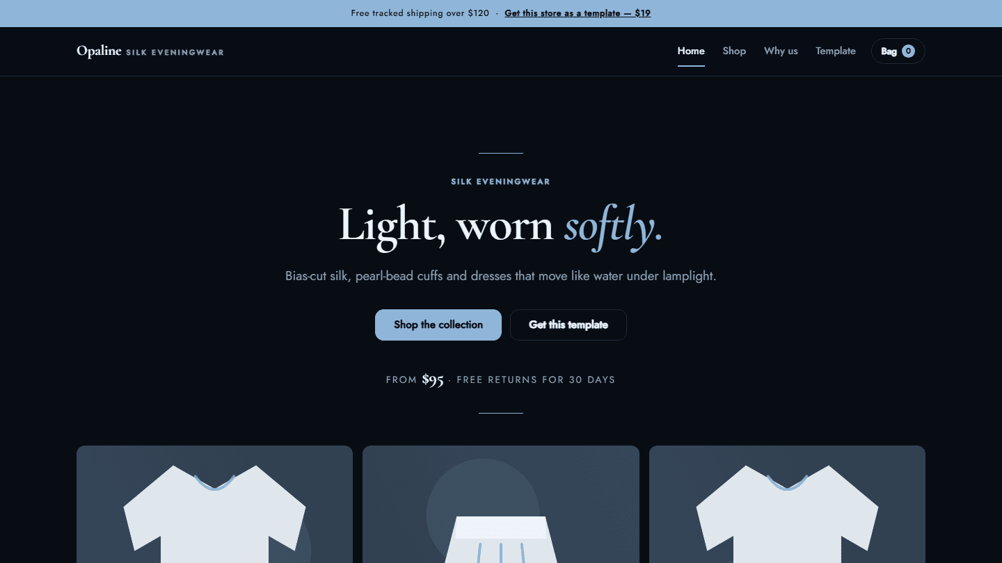 Opaline silk eveningwear store website template landing page with navigation, hero text, and product cards