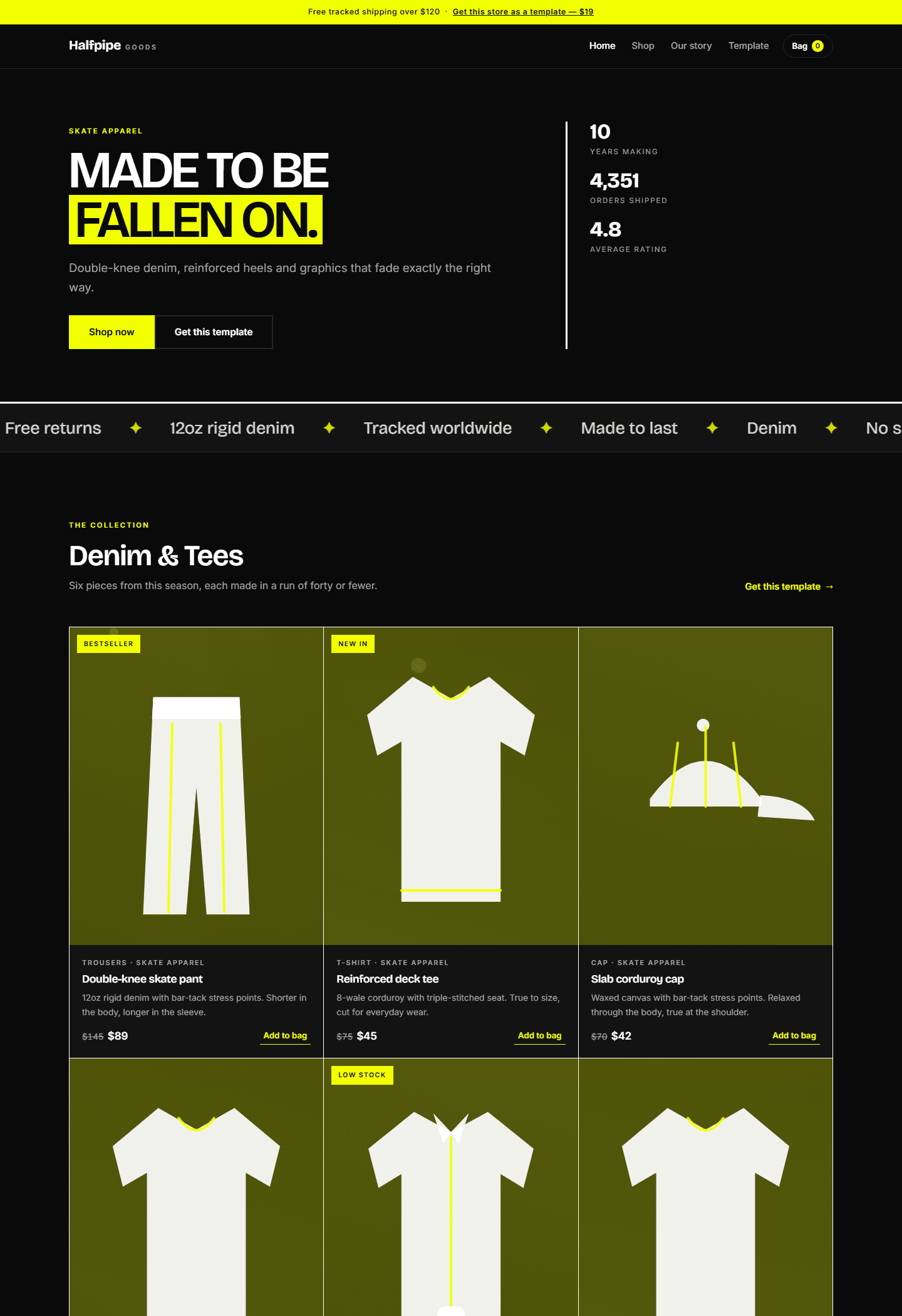 Dark HTML/CSS/JS skate apparel store template screenshot with product grid for Halfpipe Goods