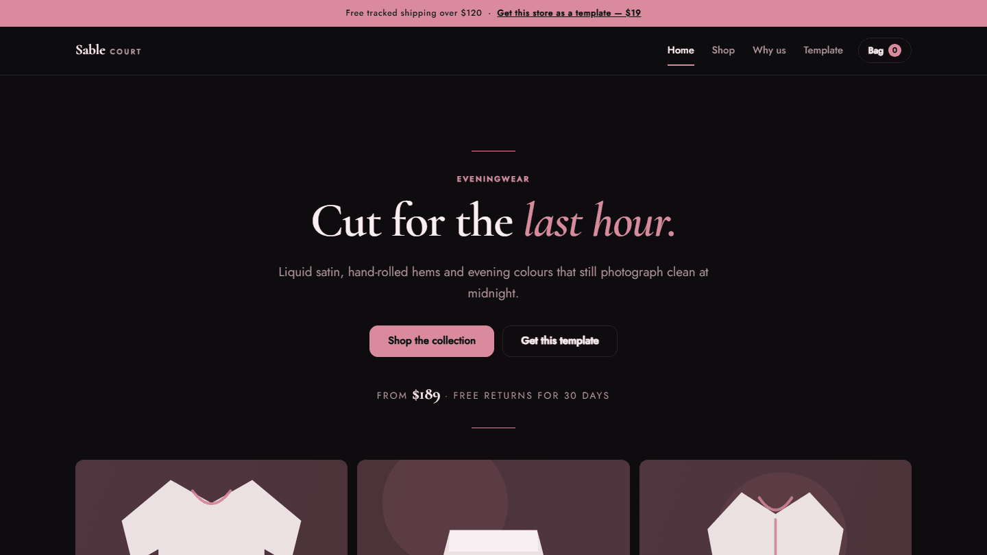 Sable Court eveningwear store website template preview with hero text and product cards layout HTML CSS JS