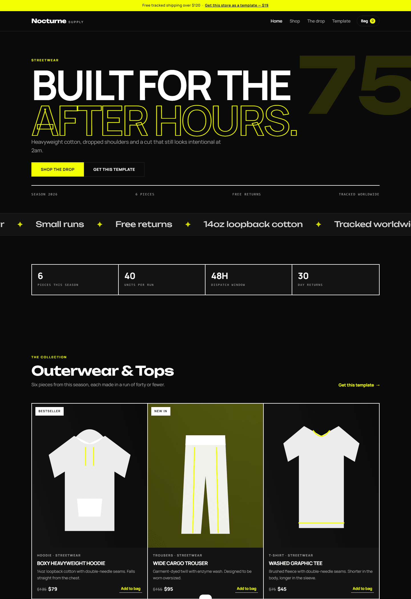 Nocturne Supply streetwear store template screenshot with dark hero banner and clothing product cards in HTML CSS JS