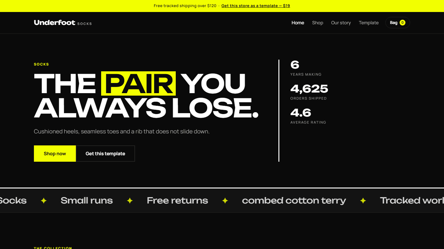 Socks store homepage design for Underfoot complete HTML CSS JS template with dark hero banner and navigation bar