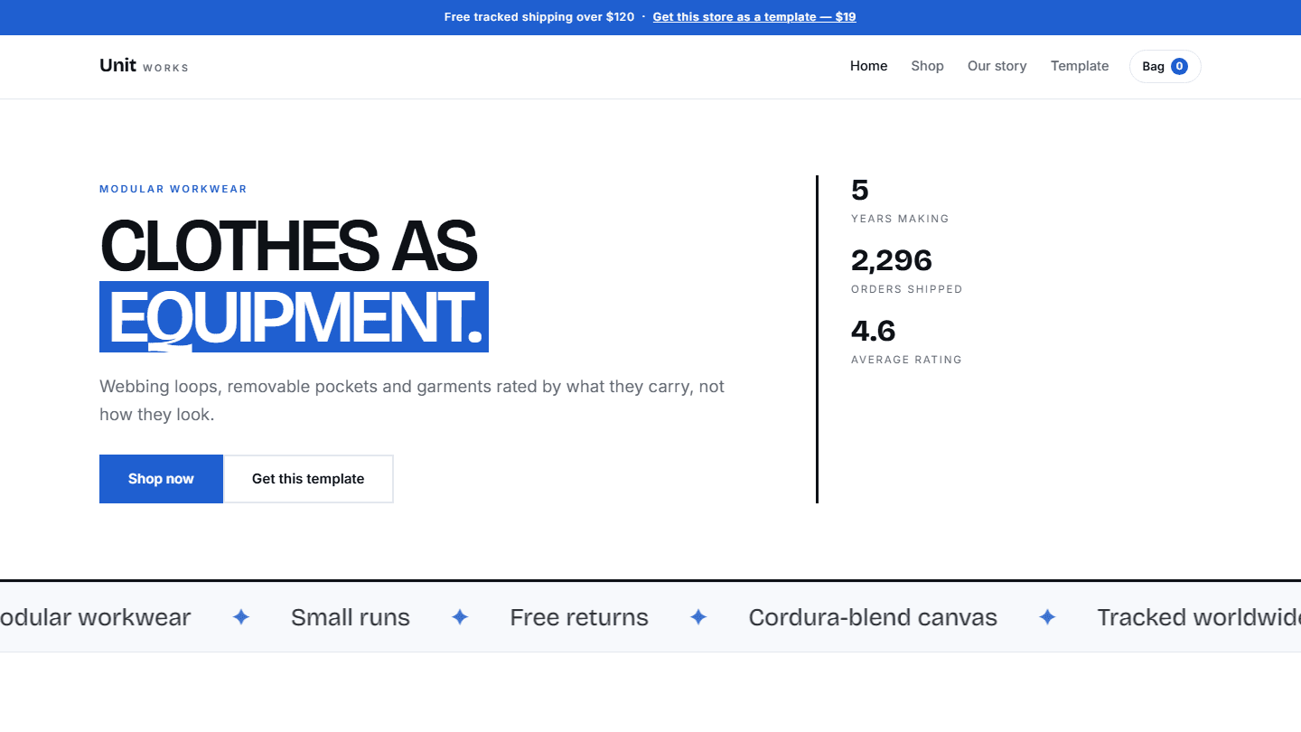 Unit Works modular workwear store HTML CSS JS template landing page hero section with navbar and stats