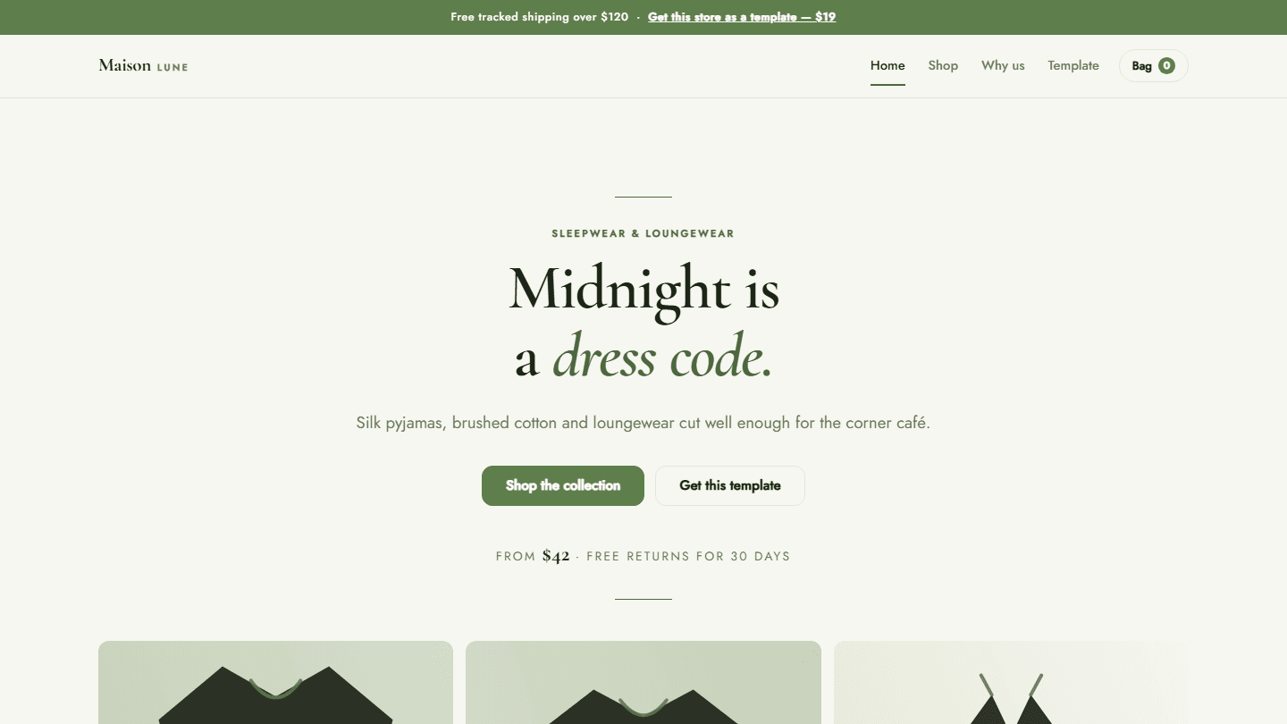 Maison Lune sleepwear and loungewear store website template landing page in HTML CSS JS with menu and hero text
