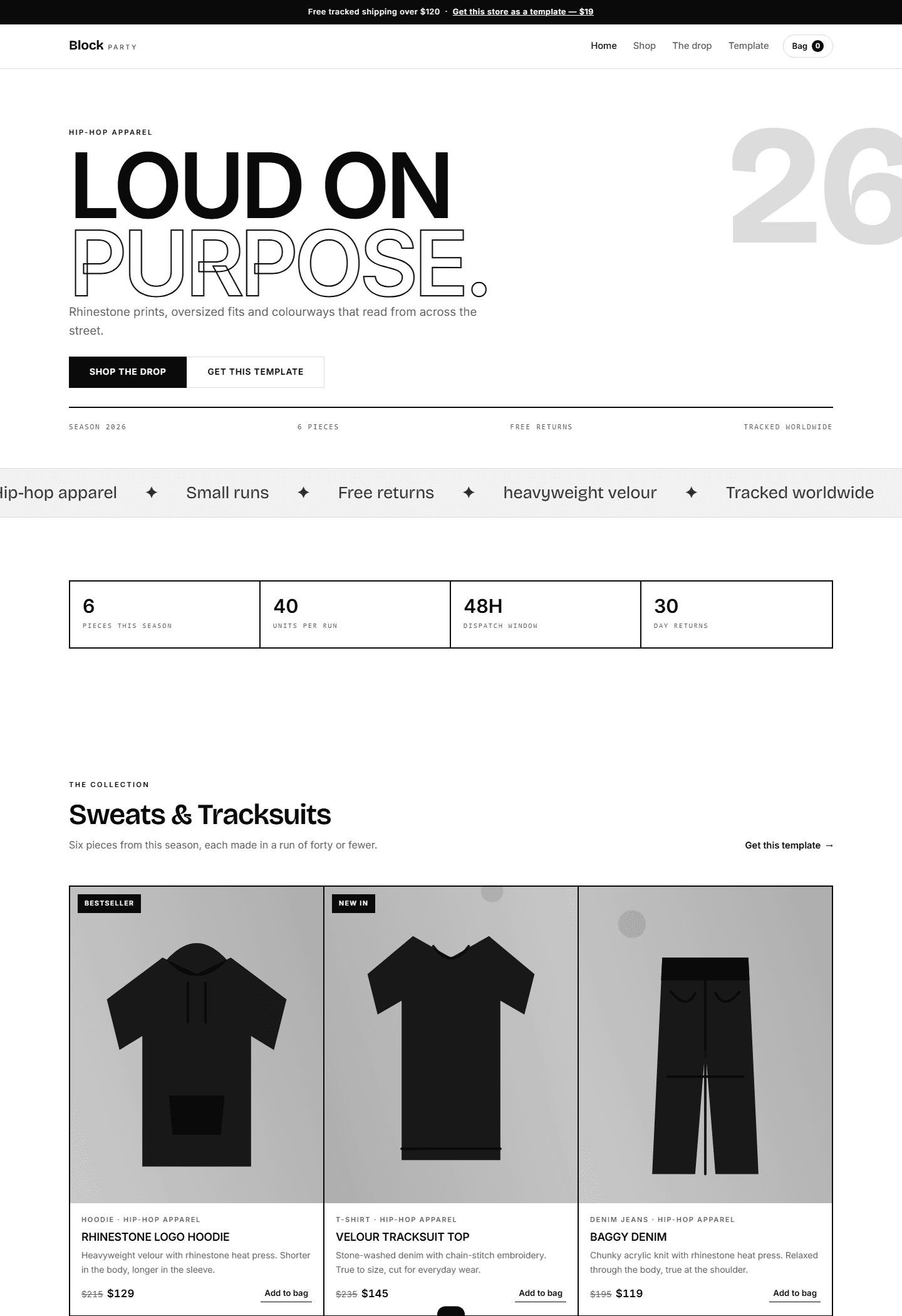 Block Party hip-hop apparel store template webpage showing hero banner, navigation, product cards, and pricing sections