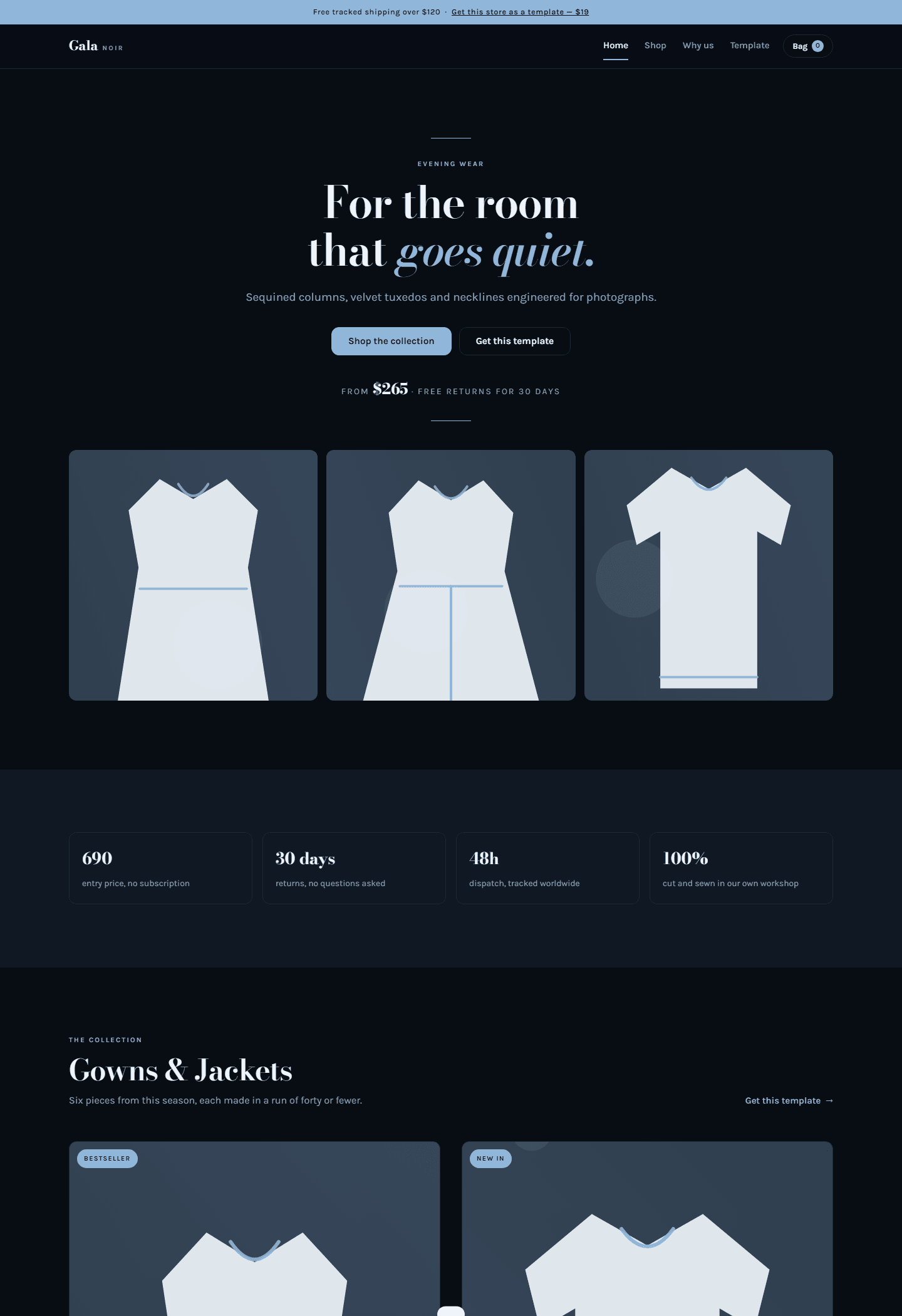 Gala Noir evening wear store website template preview with dark header, navigation, and product outfit cards