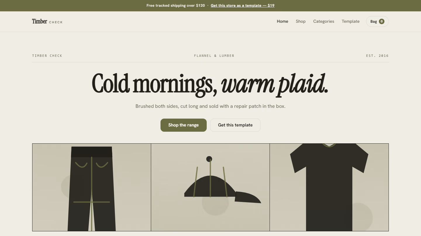 Timber Check flannel and lumber online store HTML CSS JS template screenshot with product category hero banner
