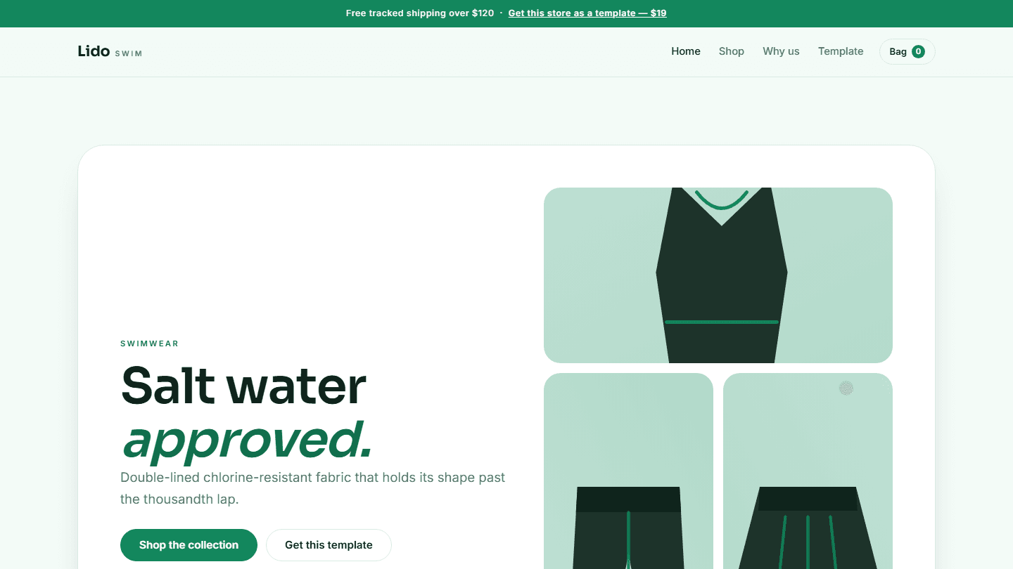 Lido Swim e-commerce HTML CSS JS swimwear store template homepage with product layout and navigation bar