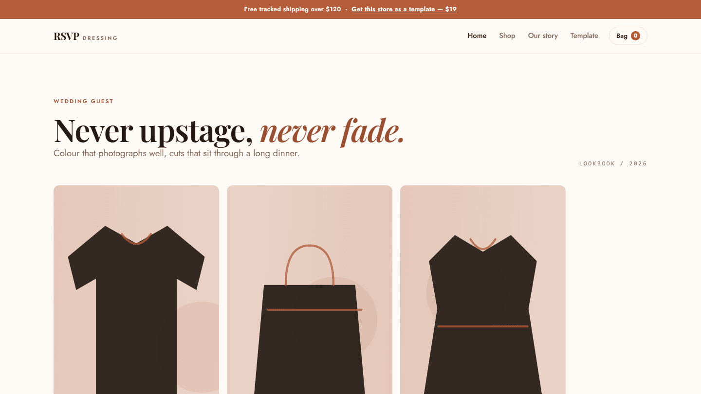 Wedding guest store HTML CSS JS template landing page with dress and shopping bag product cards