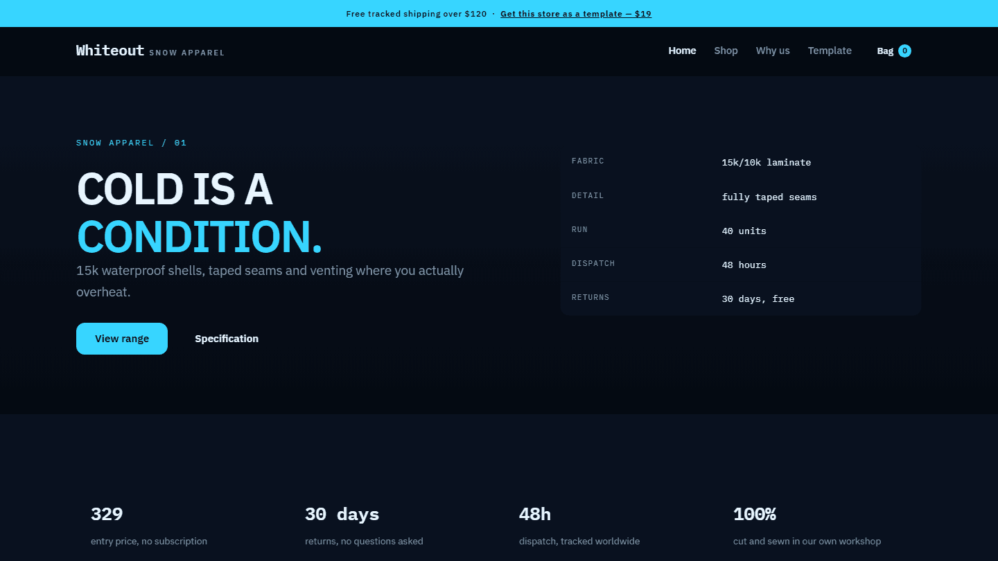 Whiteout snow apparel store HTML CSS JS template screenshot with hero text, navigation, and product specification panel