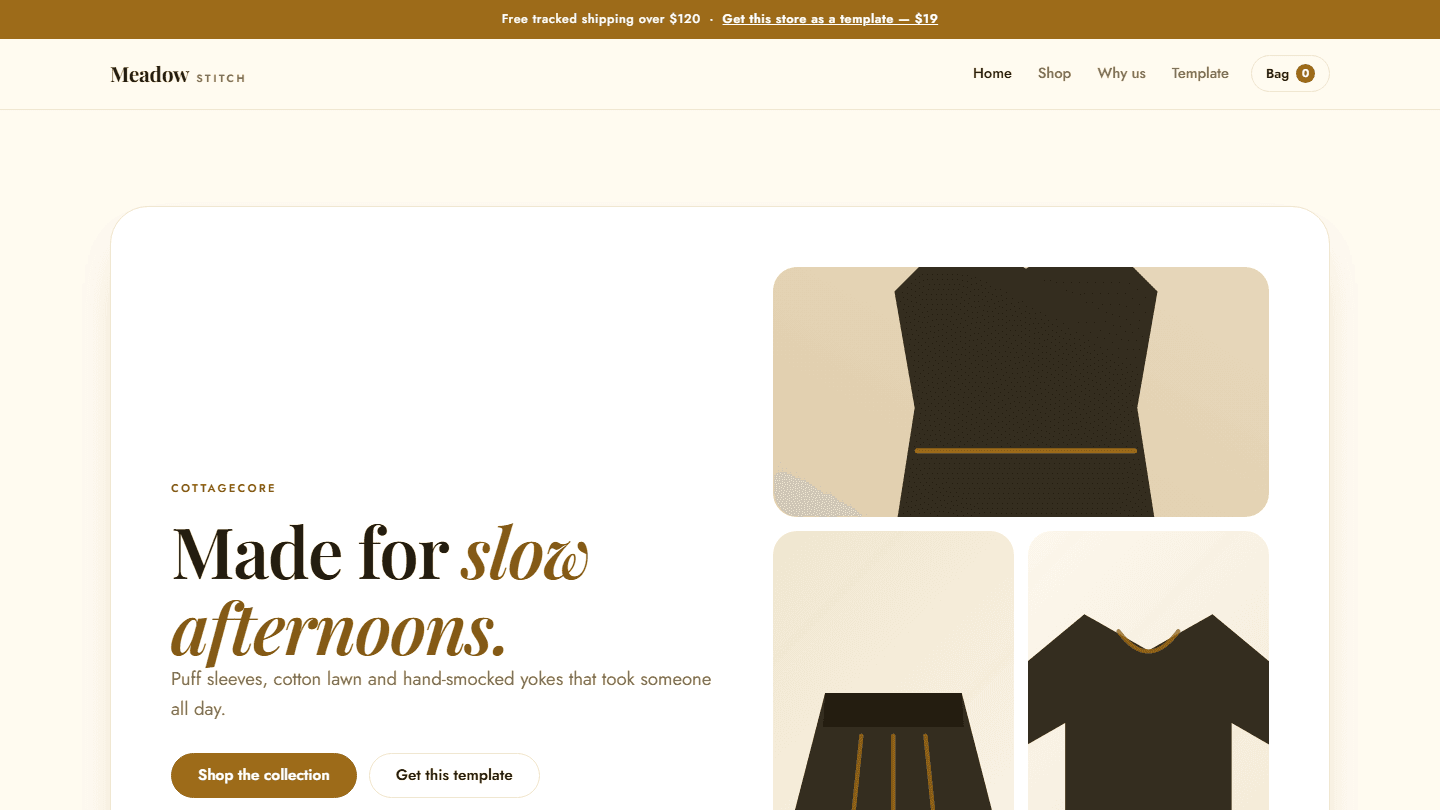 Cottagecore online store template web page with hero banner and clothing mockups in HTML CSS JS preview