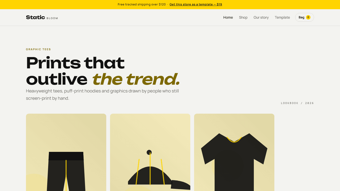 Static Bloom ecommerce graphic tees store template webpage with navigation and product grid in HTML CSS JS