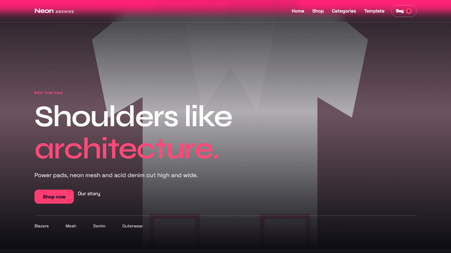 Neon Archive 80s vintage store HTML CSS JS template hero section with neon typography and navigation bar